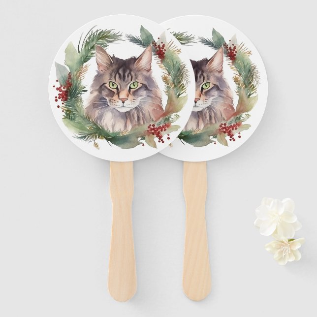 Éventail Chat Maine Coon Couronne de Noël Kitten Festif (Devant et derrière)