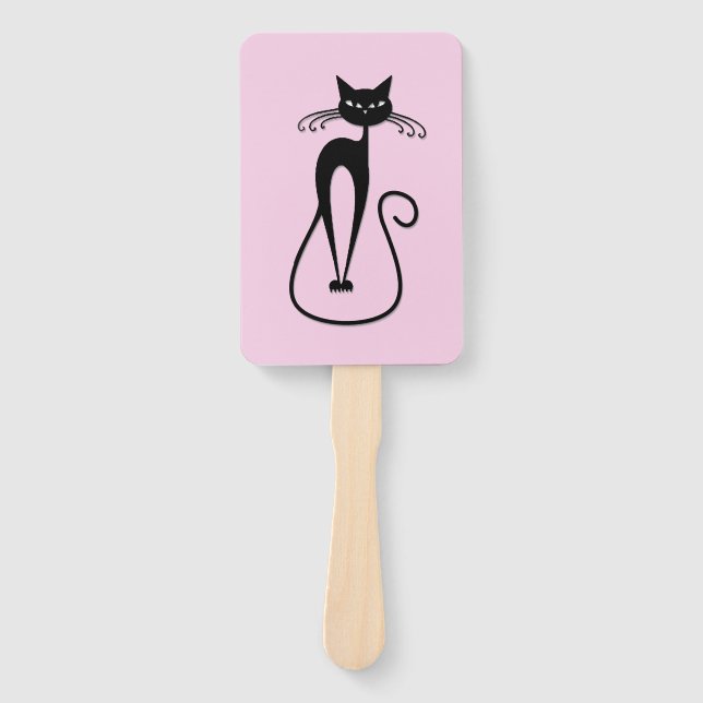 Éventail Chat noir maigre fantaisiste rose (Devant)