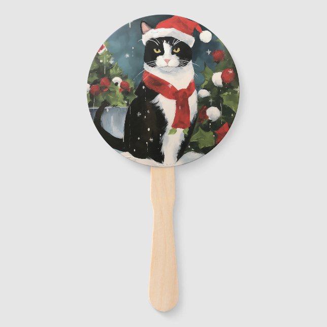 Éventail Chat Smoking dans Noël enneigé (Devant)