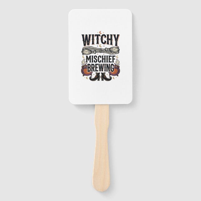 Éventail Chemise sorcière Halloween avec balai et chaudrons (Devant)