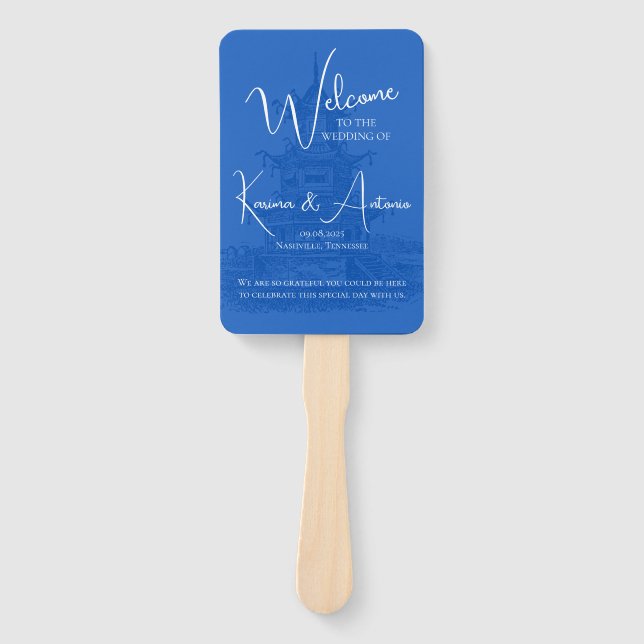 Éventail Chic Chinoiserie Pagode Blue Wedding Programme Ven (Devant)