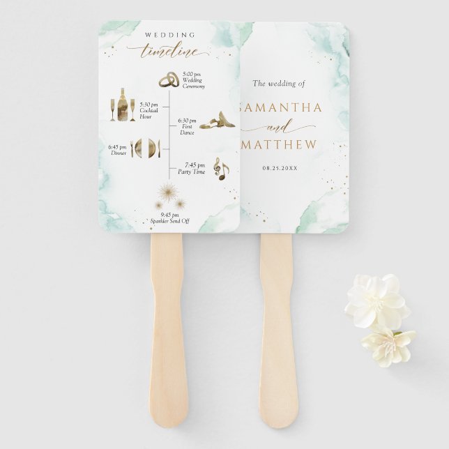 Éventail Chic, chronologie et bienvenue Aquarelle Bleu Vert (Devant et derrière)