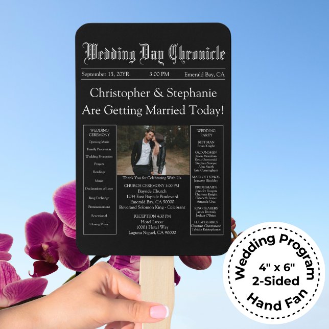 Éventail Chic Editable Newspaper Wedding Program QR Code (Custom Stylish Typography 1 Photo Black Newspaper Wedding Program)
