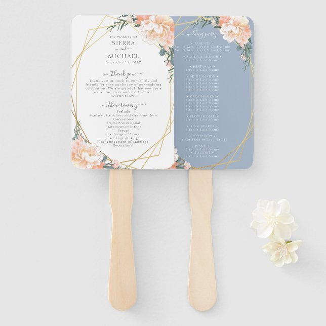 Éventail Chic Floral Blush Gold Dusty Blue Wedding Programm (Devant et derrière)