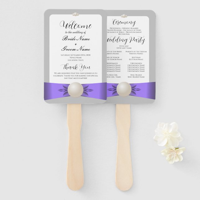 Éventail Chic Lavender & Grey Pearl Ribbon Wedding Programm (Devant et derrière)