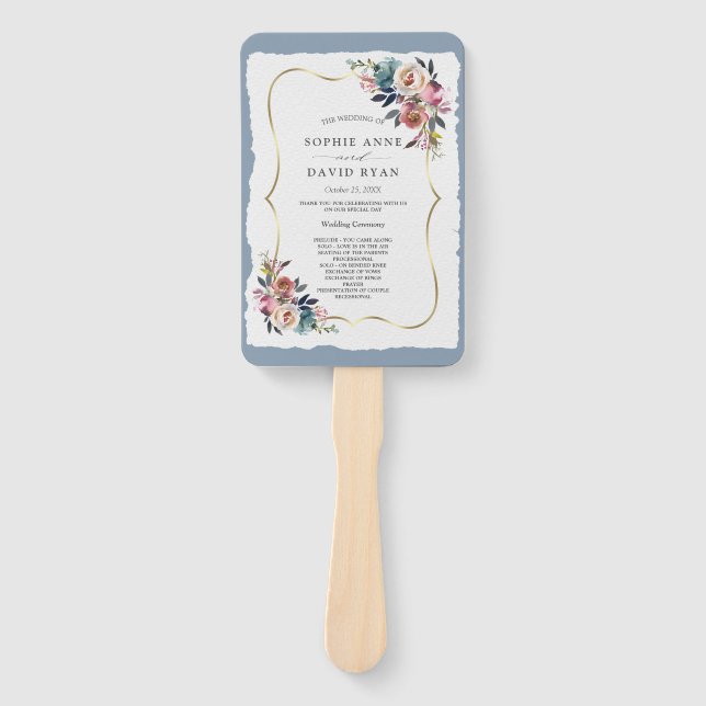 Éventail Chic Misty Rose Dusty Blue Floral Wedding Programm (Devant)
