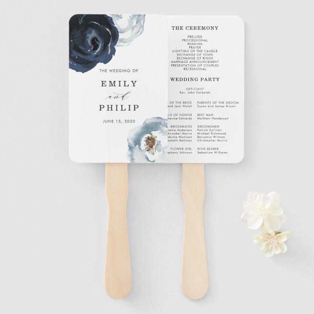 Éventail Chic Navy Blue Peony Floral Wedding Programme (Devant et derrière)