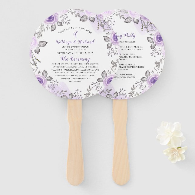 Éventail Chic Pastel Purple Floral Programme de mariage Fan (Devant et derrière)