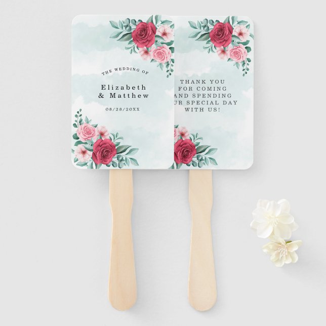 Éventail Chic Rouge rose Peony Sage Foliage Mariage Merci (Devant et derrière)