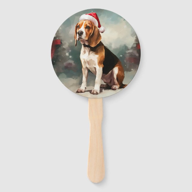Éventail Chien Beagle dans la neige de Noël (Devant)