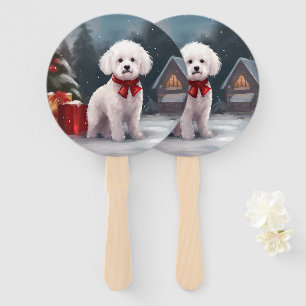 Éventail Chien Bichon Frise dans la neige de Noël