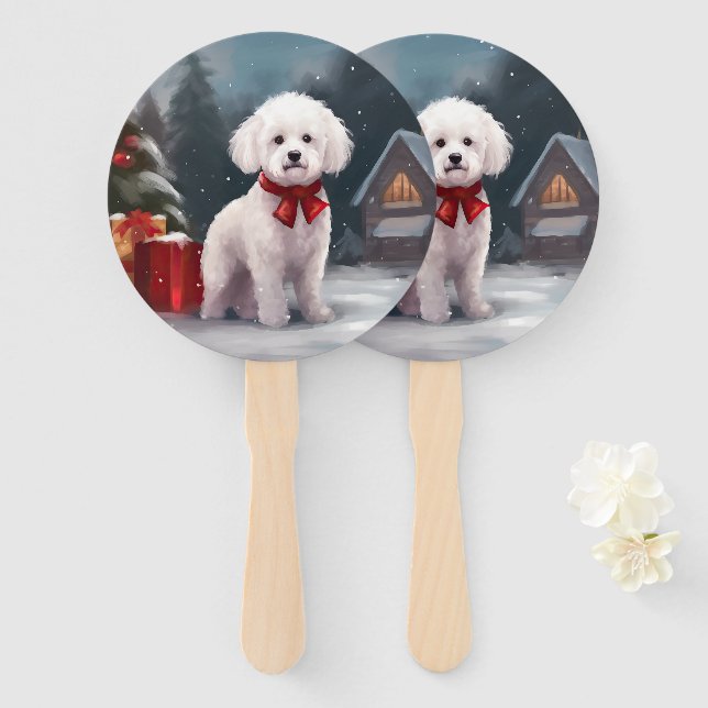 Éventail Chien Bichon Frise dans la neige de Noël (Devant et derrière)