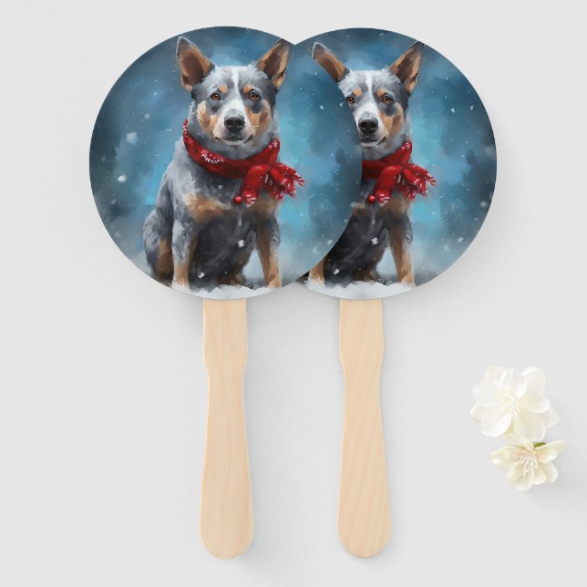 Éventail Chien Blue Heeler dans la neige de Noël  (Devant et derrière)