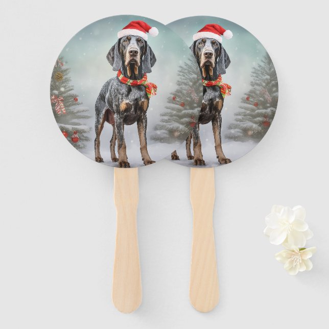 Éventail Chien Bluetick Coonhound dans la neige de Noël  (Devant et derrière)