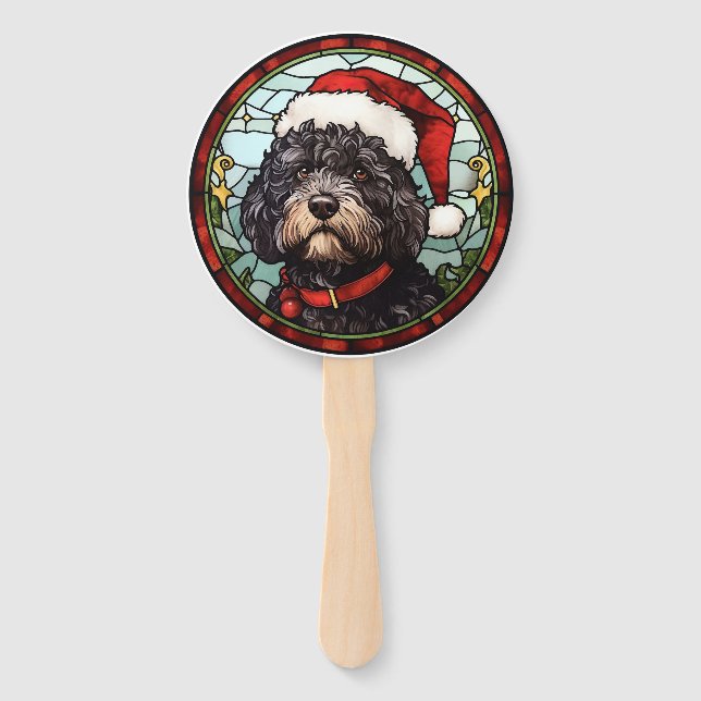 Éventail Chien d'eau portugais Vitrail de Noël (Devant)