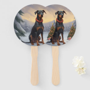 Éventail Chien Doberman dans la neige de Noël