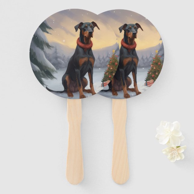 Éventail Chien Doberman dans la neige de Noël (Devant et derrière)