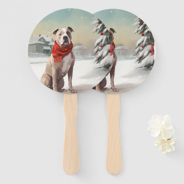 Éventail Chien du Staffordshire américain à Noël de neige (Devant et derrière)