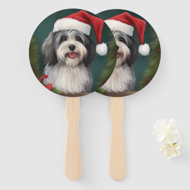 Éventail Chien Havanais dans la neige de Noël (Devant et derrière)