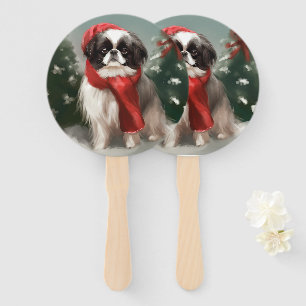Éventail Chien Japonais Chin dans la neige de Noël
