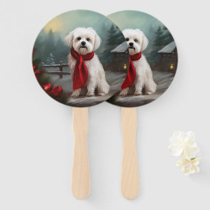 Éventail Chien maltais dans la neige de Noël