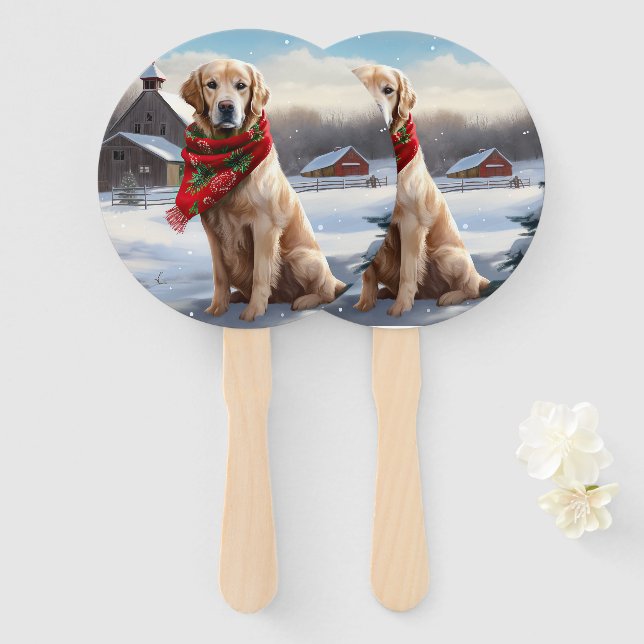 Éventail Chien Retriever doré dans la neige Noël (Devant et derrière)