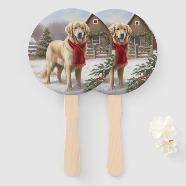 Éventail Chien Retriever doré dans la neige Noël  (Devant et derrière)