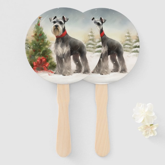 Éventail Chien Schnauzer dans la neige de Noël (Devant et derrière)