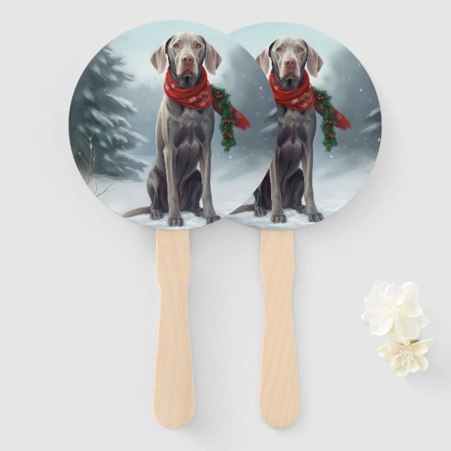 Éventail Chien Weimaraner dans la neige de Noël (Devant et derrière)
