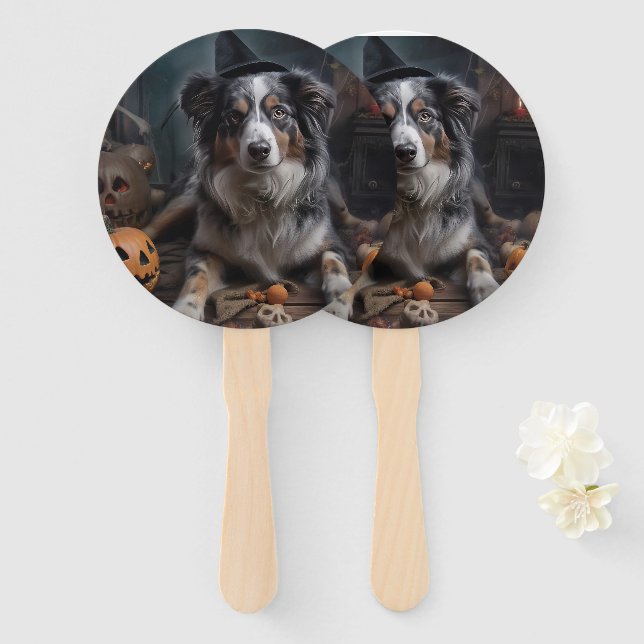 Éventail Chiens de Berger Australien Citrouilles Halloween  (Devant et derrière)