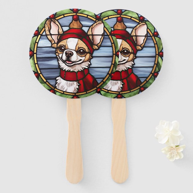 Éventail Chihuahua Vitrail de Noël (Devant et derrière)