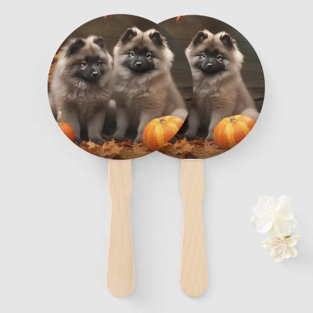 Éventail Chiots Keeshond Automne Délice Citrouille (Devant et derrière)