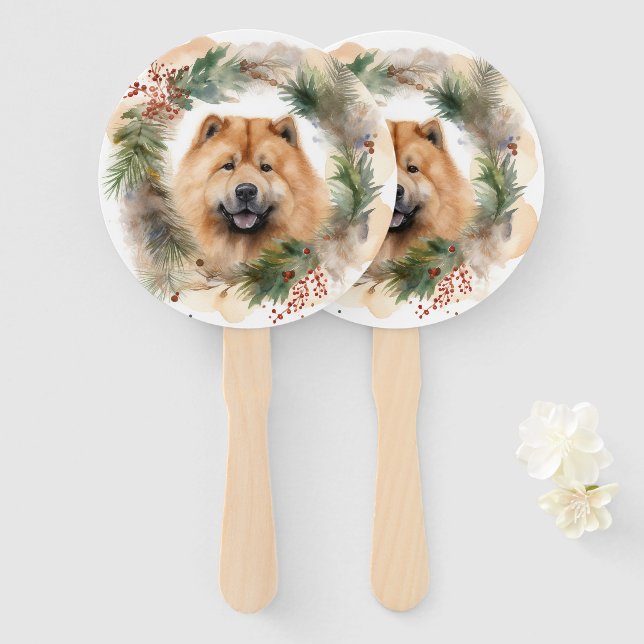 Éventail chow chow Christmas Wreath Festive Pup (Devant et derrière)
