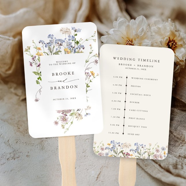Éventail Chronologie du mariage du Fleur sauvage de printem (Colorful Spring Wildflower Meadow wedding Timeline Hand Fan)