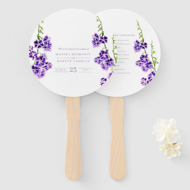 Éventail Ciel fleuri aquarelle violet botanique mariage (Devant et derrière)