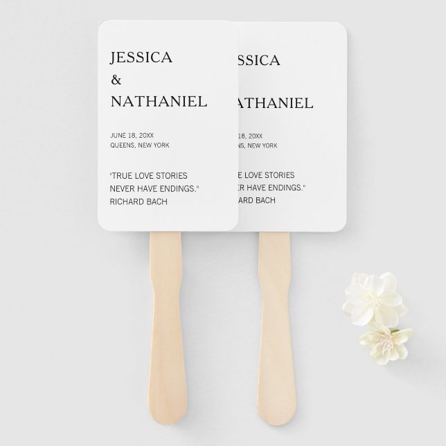 Éventail Citation d'amour moderne Mariage noir et blanc (Devant et derrière)