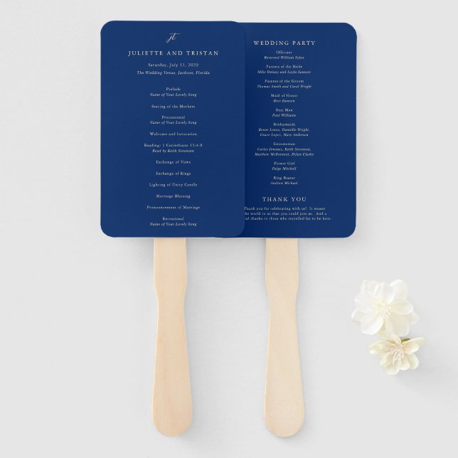 Éventail Classic Navy and Cream Elegant Wedding Program (Devant et derrière)