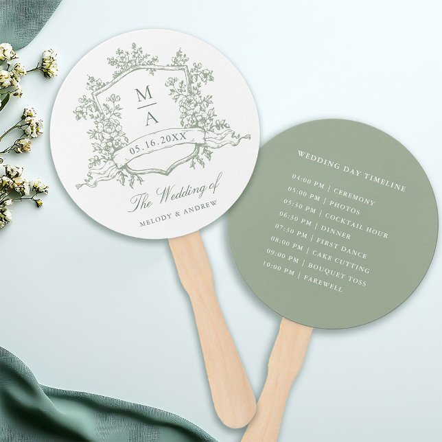 Éventail Classic Sage Green Crest Wedding Ceremony Timeline (Front & Back)