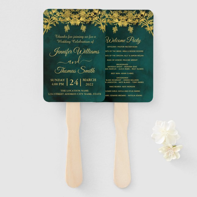 Éventail Classy Dark Green et Golden Wedding Programme (Devant et derrière)