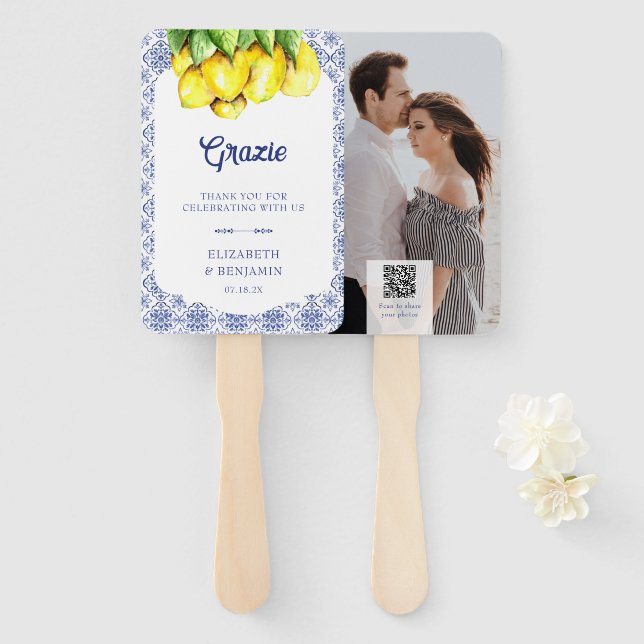 Éventail Code QR de photo de mariage méditerranéen au citro (Devant et derrière)