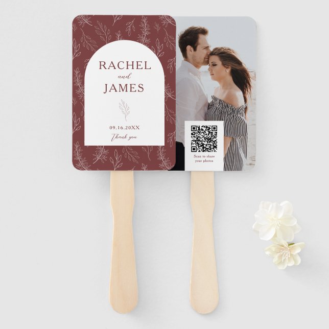 Éventail Code QR de photo de mariage personnalisé Terracott (Devant et derrière)