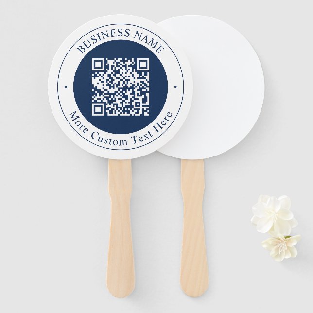 Éventail Code QR personnalisable & Texte | Bleu marine fonc (Devant et derrière)