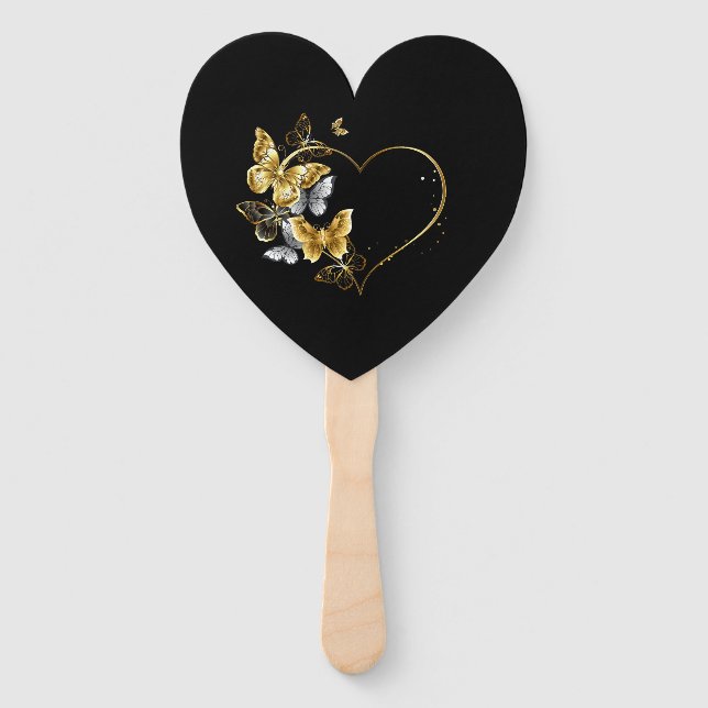 Éventail Coeur aux papillons d'or (Devant)
