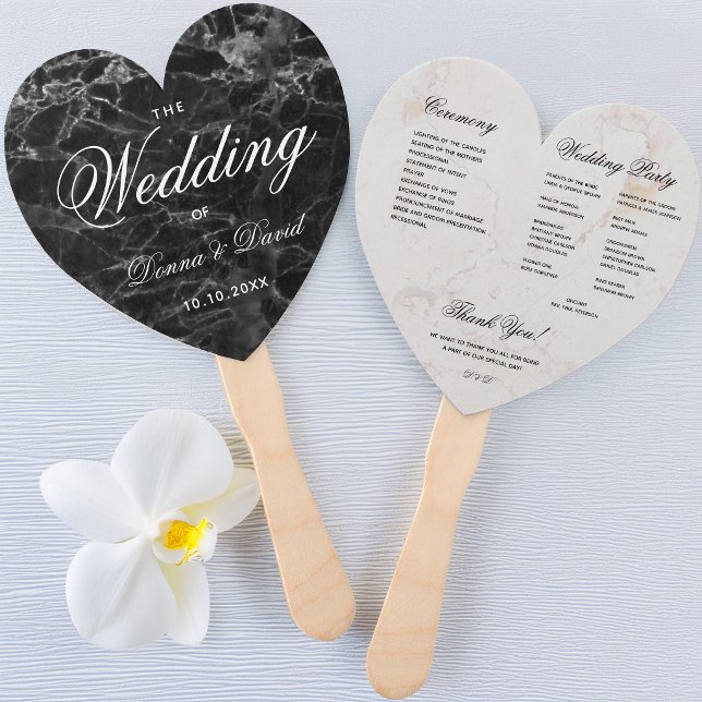 Éventail Cœur en marbre noir et blanc Programme de mariage  (Créateur téléchargé)