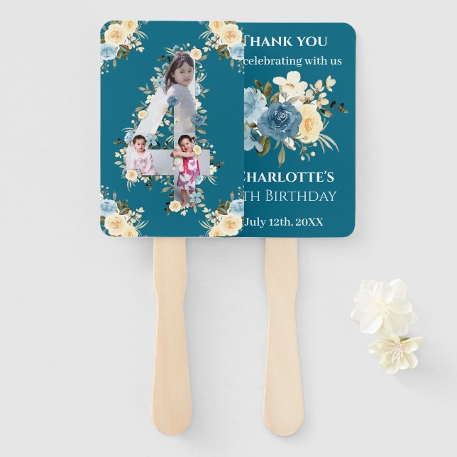 Éventail Collage photo turquoise 4e anniversaire Fleur bleu (Devant et derrière)