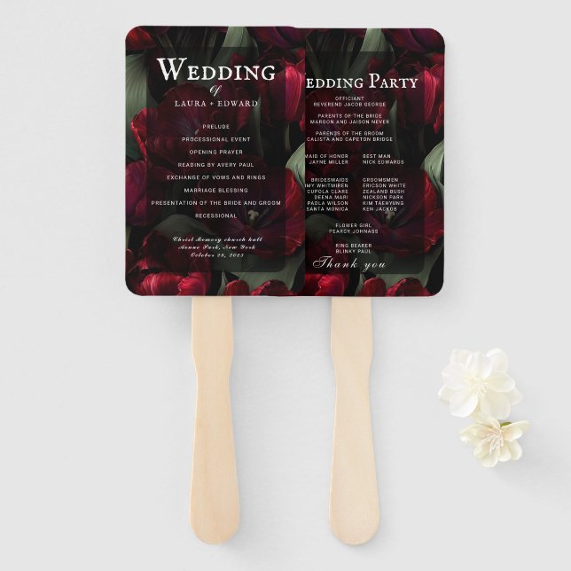 Éventail conception de mariage floral bordeaux mettant en v (Devant et derrière)