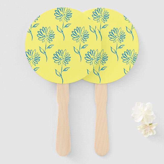 Éventail Contour de fleur bleue sur fond jaune (Devant et derrière)