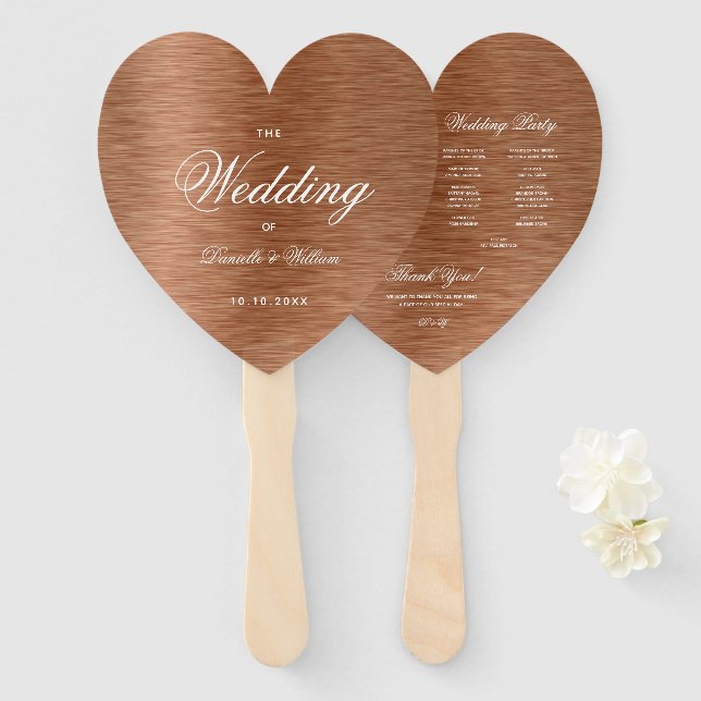 Éventail Copper Heart Elegant White Script Wedding Programm (Devant et derrière)