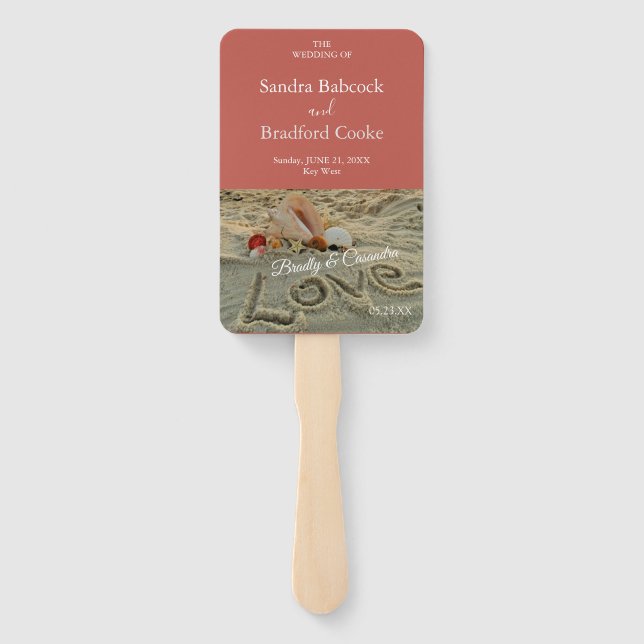 Éventail Coquillage mariage sur la plage, amour dans le sab (Dos)