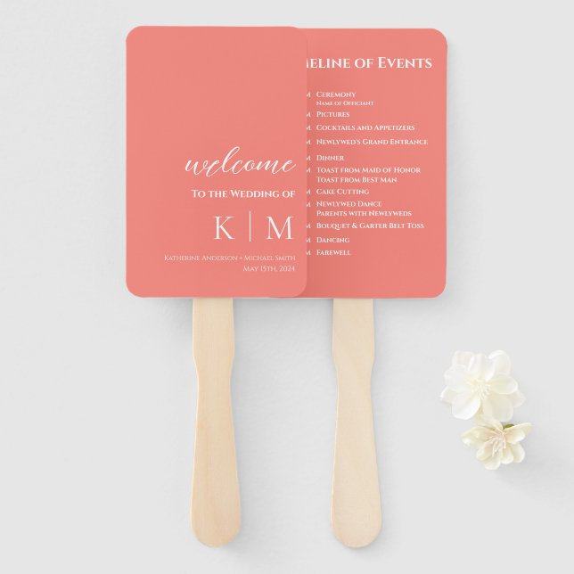 Éventail Corail Rose-Moderne- Programme de mariage monograp (Devant et derrière)